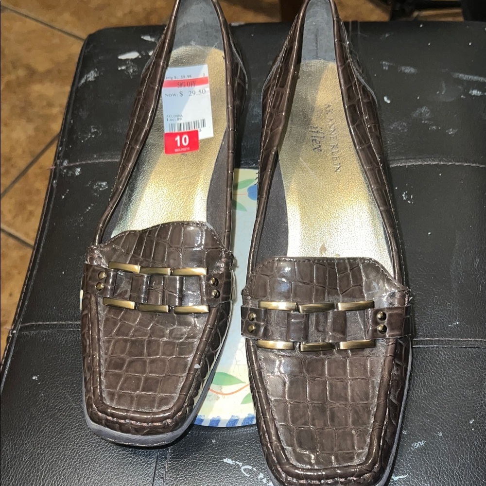 Anne Klein Croc-Embossed Brown Loafers - Picture 2 of 4